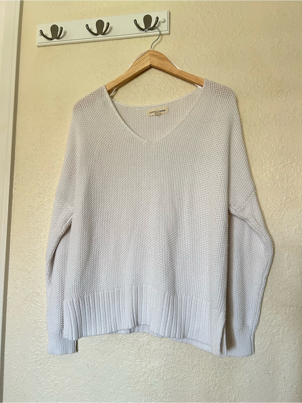 Lucky brand White V-Neck Waffle Knit Sweater